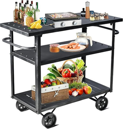 Industrial 3 Tier Mobile Bar Cart Rustic Metal Serving Cart by BOKKOLIK