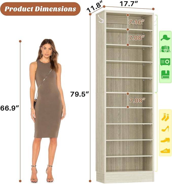 Aheaplus Tall Shoe Cabinet, 10 Tiers Narrow Wood Shoe Rack, Shoe Storage - Image 2