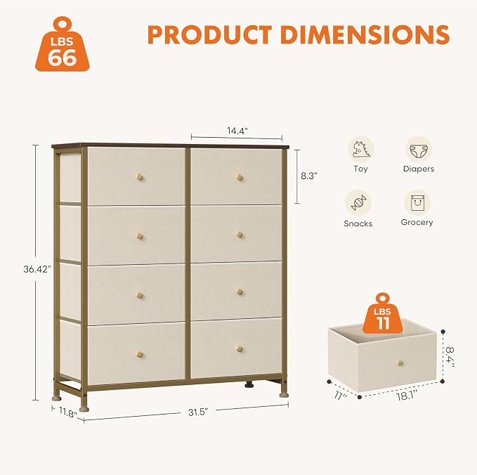 Sweetcrispy 8 Drawer Dresser for Bedroom, Organizer Storage Drawers, Khaki | - Image 3