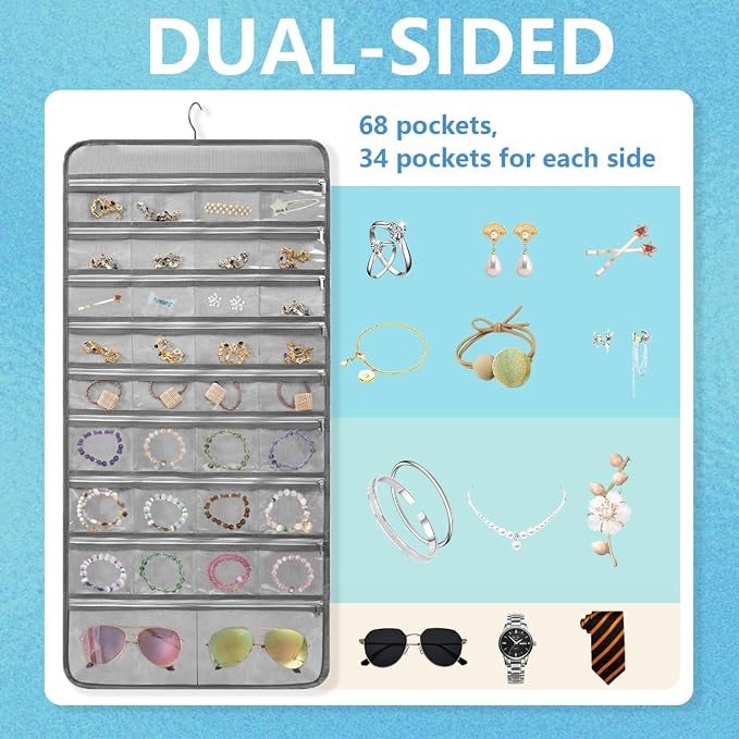 Travel Jewelry Organizer Dual Sided Hanging Earring Holder Bracelet Storage - Image 2