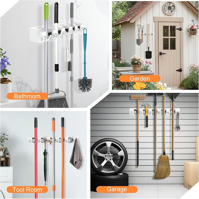 nacena Broom Holder Wall Mount, 2 Packs White Wall Hanging Garden Tool & - Image 7