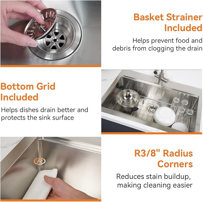 33 x 22 Drop-In/Undermount Kitchen Sink, TECASA Single Bowl Kitchen Sink - Image 8