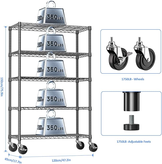 Wire Shelving with Wheels for Garage, 48” Heavy Duty Utility Storage Shelf | - Image 3