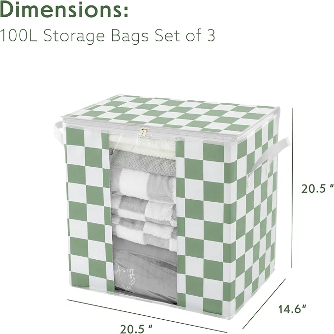 Green Checkered Clothes Storage Bins, 100L Large Blanket Storage Bags 3 Pack - Image 2