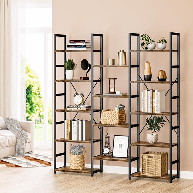 NUMENN Triple Column 5 Tier Bookshelf, Bookcase - Image 6