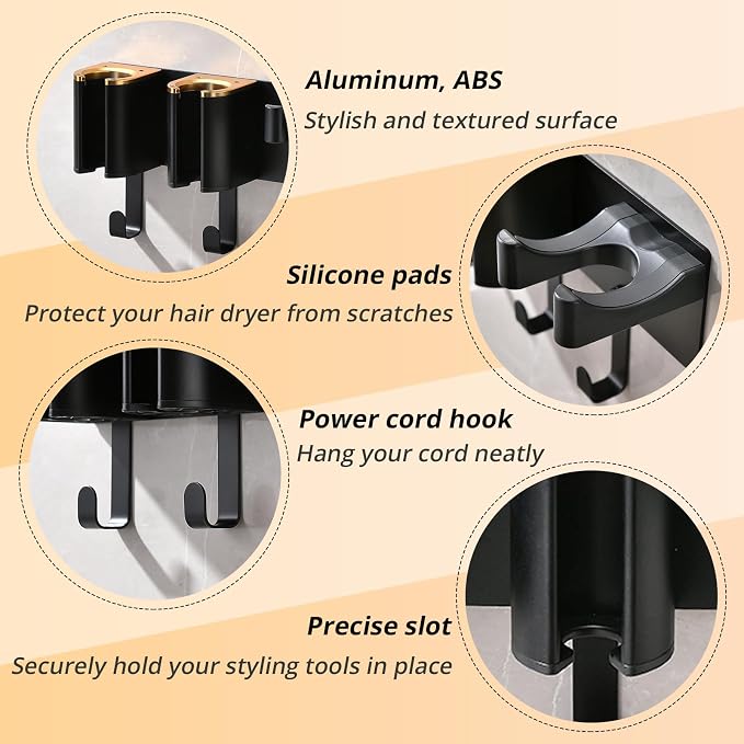 Hair Dryer Holder Wall Mount, Curling Iron Holder, 3 in 1 Hair Tool Organizer - Image 2