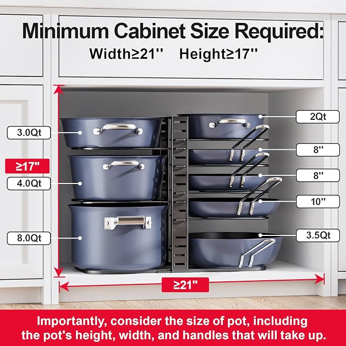 ORDORA Pots and Pans Organizer Under Cabinet 14.55" Height, Adjustable 8-Tier - Image 3