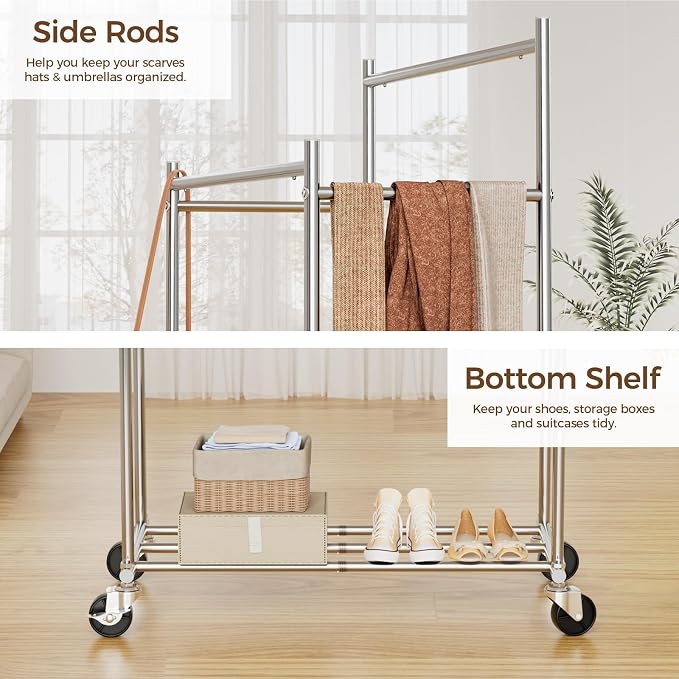 HYSEYY Clothes Rack, Double Rods Rolling Clothing Rack - Image 4