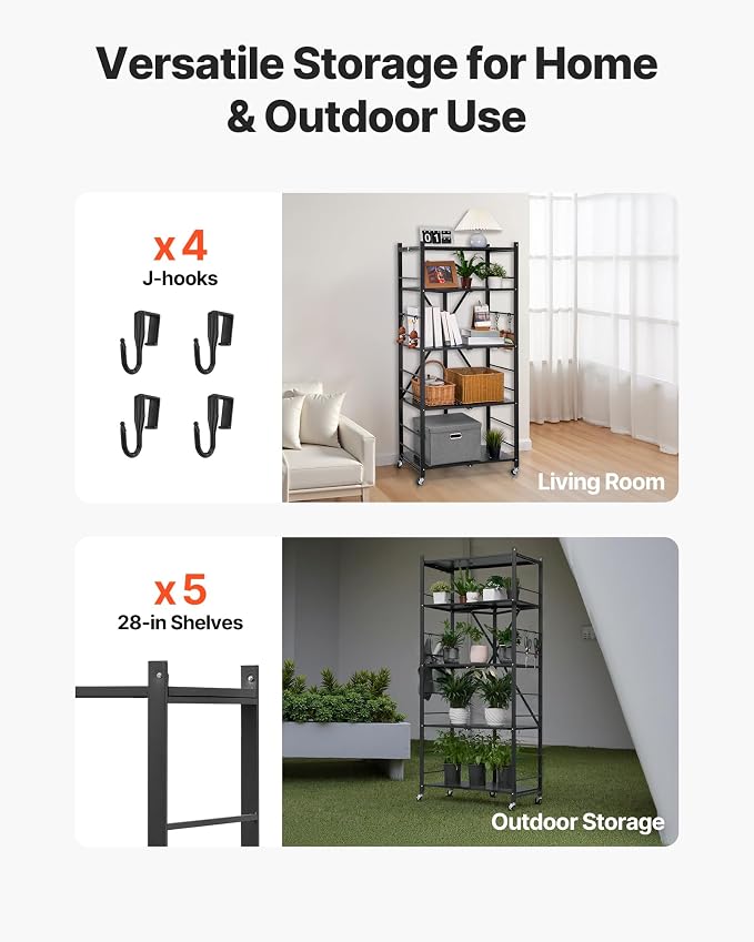 VEVOR 5-Tier Foldable Storage Shelf, 28W x 15D x 64H Inch Folding Metal Rack - Image 8