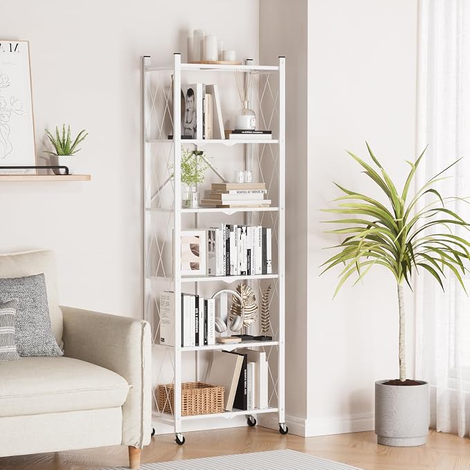 ALANNG 73.6 Inch Folding Bookshelf, 6 Tier Metal Bookcase and Bookshelves | - Image 2