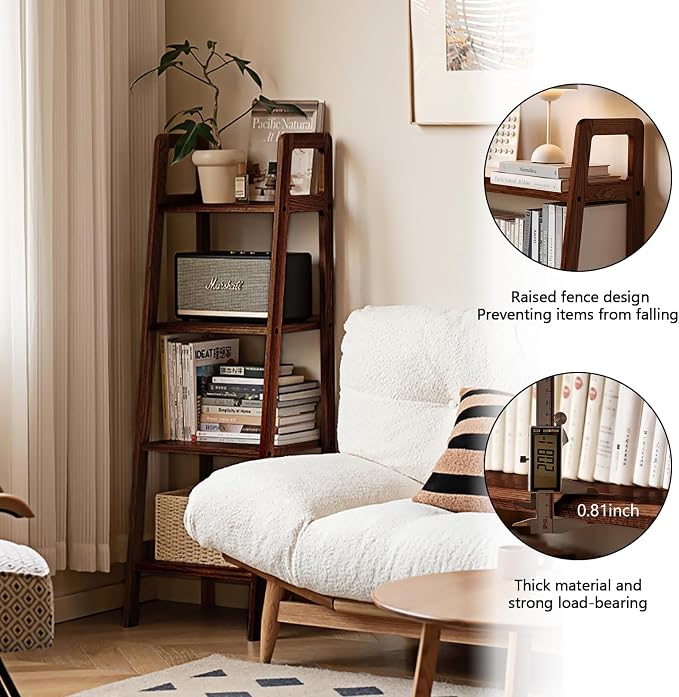 100% Solid Oak 4 Tier Ladder Shelf, Small Bookshelf, Ladder Bookshelf, Bookcase - Image 3