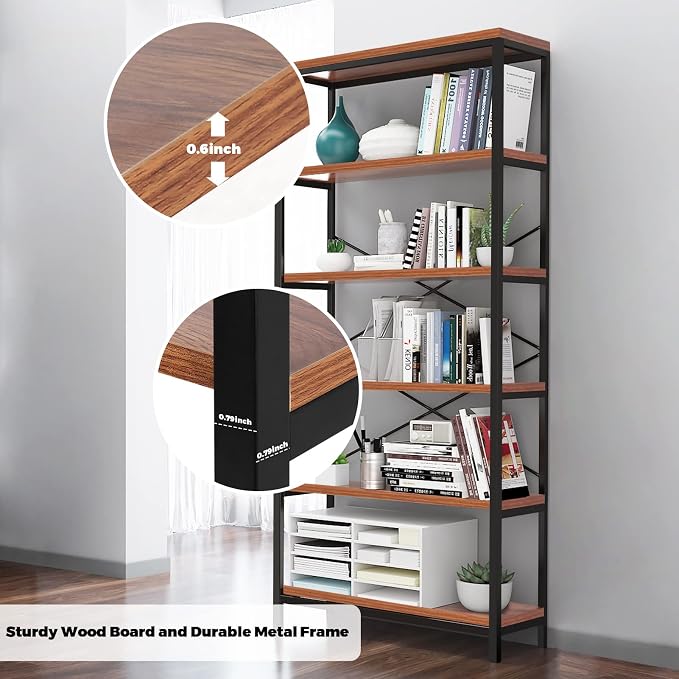 Himimi 6-Tier Bookshelf Set of 2, Tall Bookcase Industrial Wood Storage Rack - Image 6