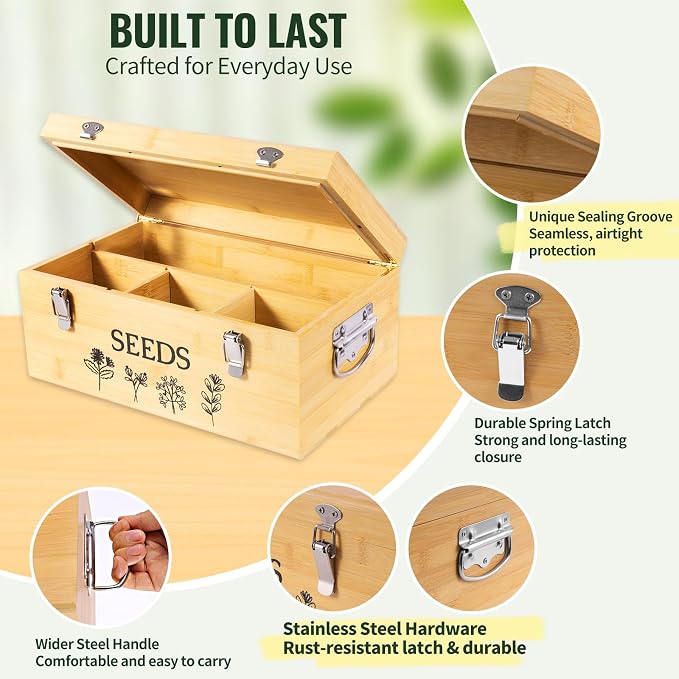 Large Bamboo Wood Seed Storage Organizer Box - Image 3