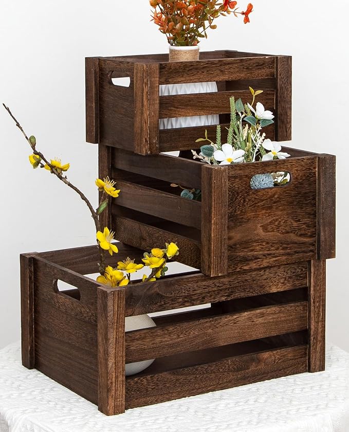 Set of 3 Nesting Wooden Crates, Small Rustic Farmhouse Wood Storage Boxes - Image 4