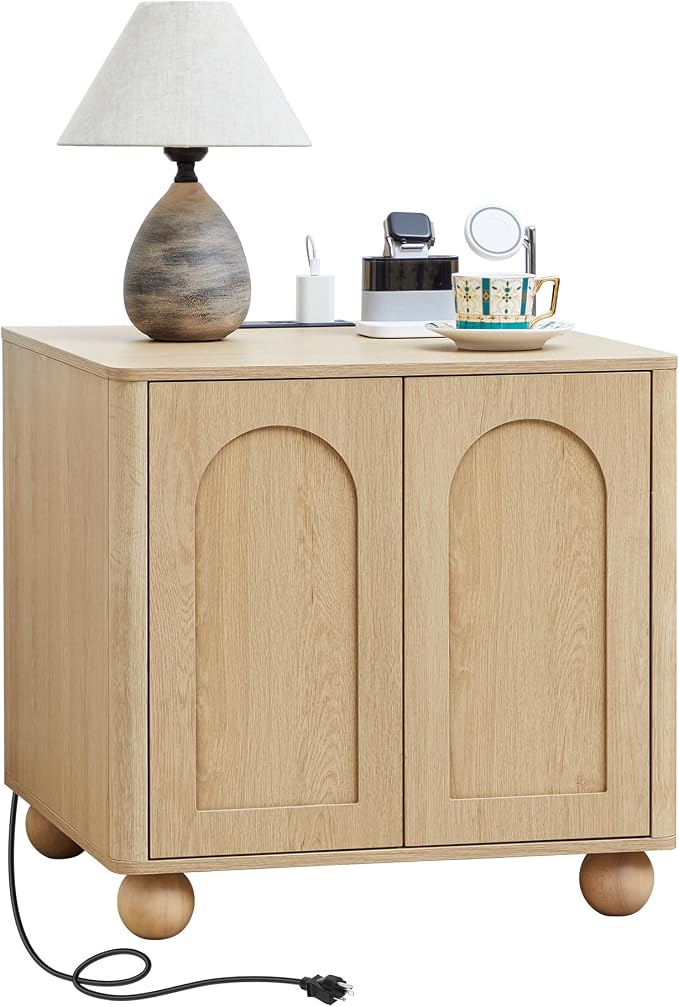 Bed Side Table with Charging Station, Mid Century Modern Nightstand with 2 Doors by affeivul