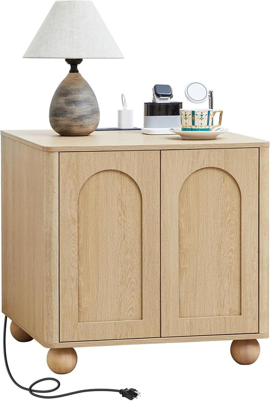 Bed Side Table with Charging Station, Mid Century Modern Nightstand with 2 Doors by affeivul