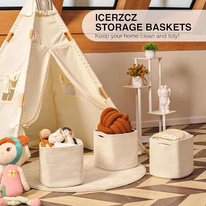 ICERZCZ 13 Inch Cube Closet Storage Bins, Woven Cotton Rope Organizer Baskets - Image 6