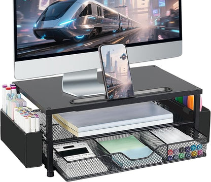 AUPSEN Wood Computer Monitor Stand Riser, 2-Tier Black Desk Organizer by AUPSEN