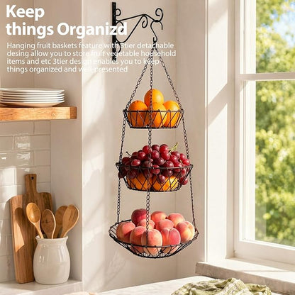 3 Tier Hanging Basket with Sturdy Metal Chain Hanging Hooks | Fruit and - Image 2