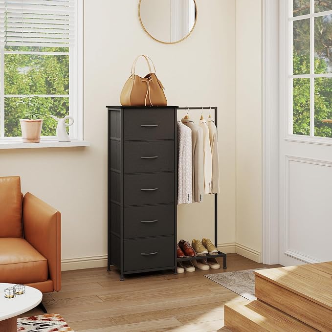 Somdot Dresser with Hanging Rack, 5 Drawers Small Closet - Image 2