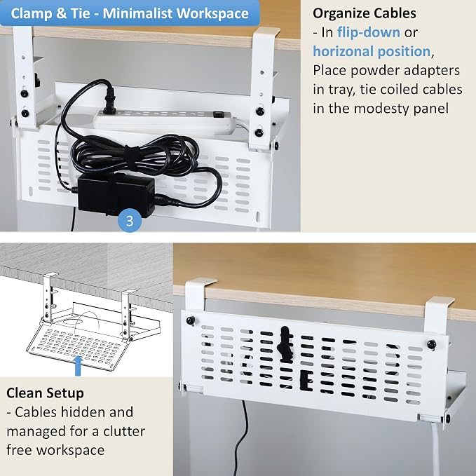 AEONS Universal Under Desk Cable Management Tray-Clamp Mount Hinged Swing - Image 3