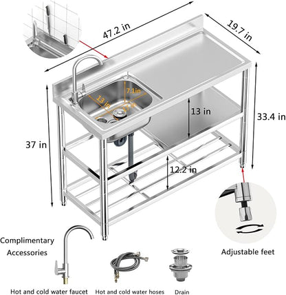 Free Standing Stainless-Steel Single Bowl Commercial Restaurant Kitchen Sink - Image 2