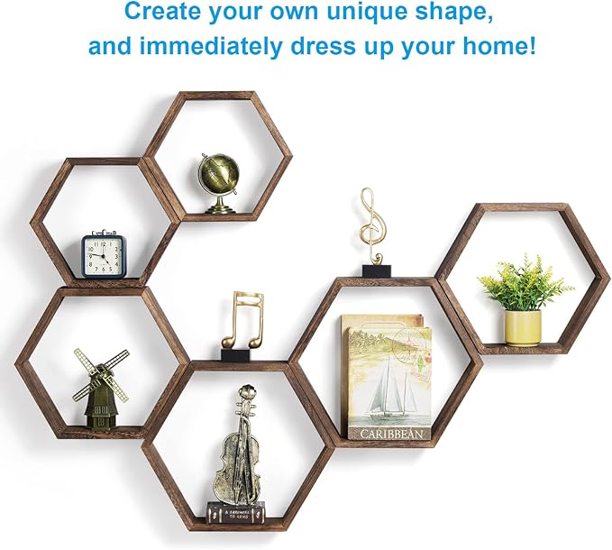 Hexagon Floating Shelves Set of 6 Farmhouse Honeycomb Wall Storage Shelf Wood - Image 4