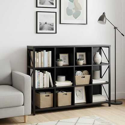 12 Cube Storage Organizer Bookshelf, Industrial Horizontal Bookcase, Accent - Image 6