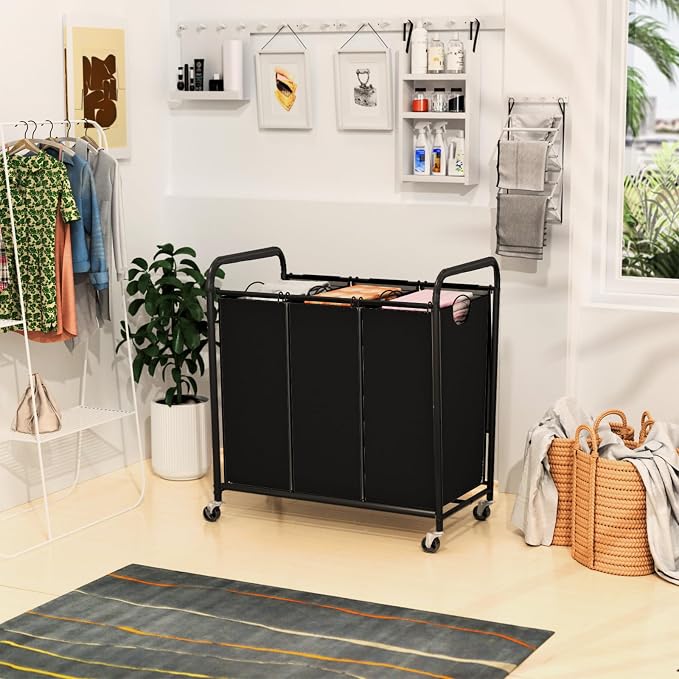 180L Laundry Sorter 3 Section, Rolling Laundry Basket - Image 7