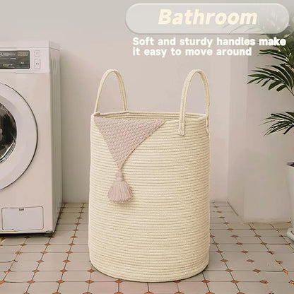Large Woven Laundry Basket Hamper, 100L Cotton Rope Storage Bin - Image 5