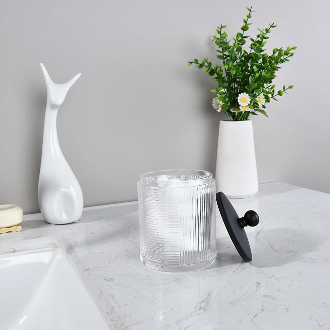 Clear Transparent Apothecary Ribbed Geometric Etched Glass Jar W/Matte Black - Image 5
