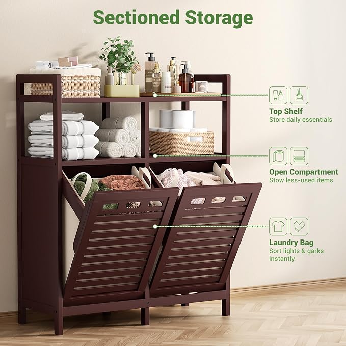 Homykic Tilt Out Laundry Hamper Cabinet, Bamboo Double Laundry Hamper - Image 6