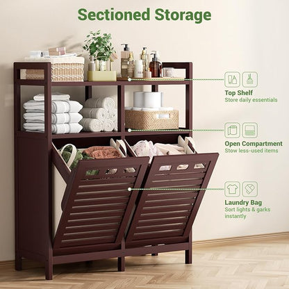Homykic Tilt Out Laundry Hamper Cabinet, Bamboo Double Laundry Hamper - Image 6