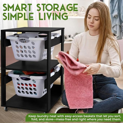 Laundry Basket Holder Shelf, Stackable Laundry Sorter, 2 Tier | Engineered Wood - Image 7