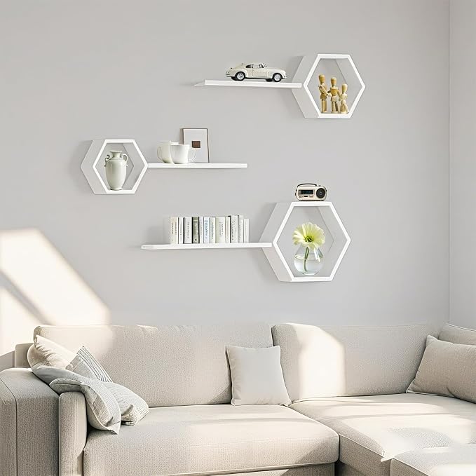 ZGZD Set of 3 White Wooden Hexagon Wall Shelves - Image 2