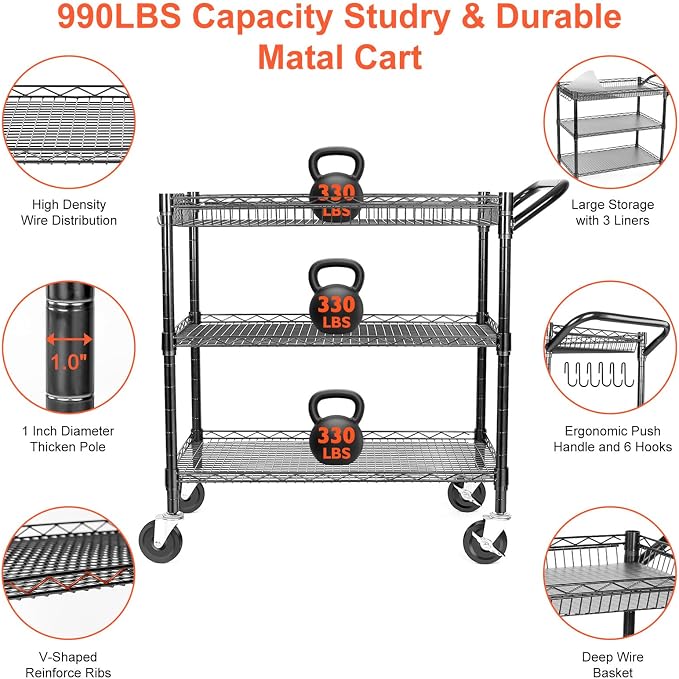 BolDuck Heavy Duty Utility Cart, 990Lbs Capacity 3 Tier Rolling Carts - Image 4