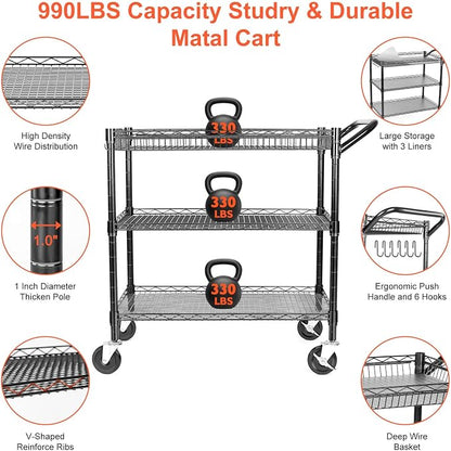 BolDuck Heavy Duty Utility Cart, 990Lbs Capacity 3 Tier Rolling Carts - Image 4