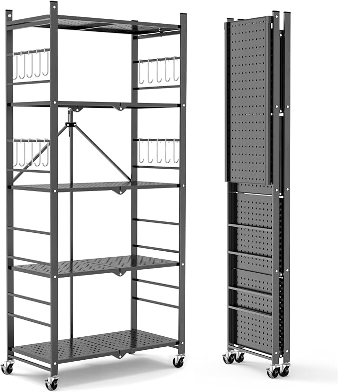 Himix Storage Shelves with 20 Hooks, 5-Tier Foldable Shelves by Himix