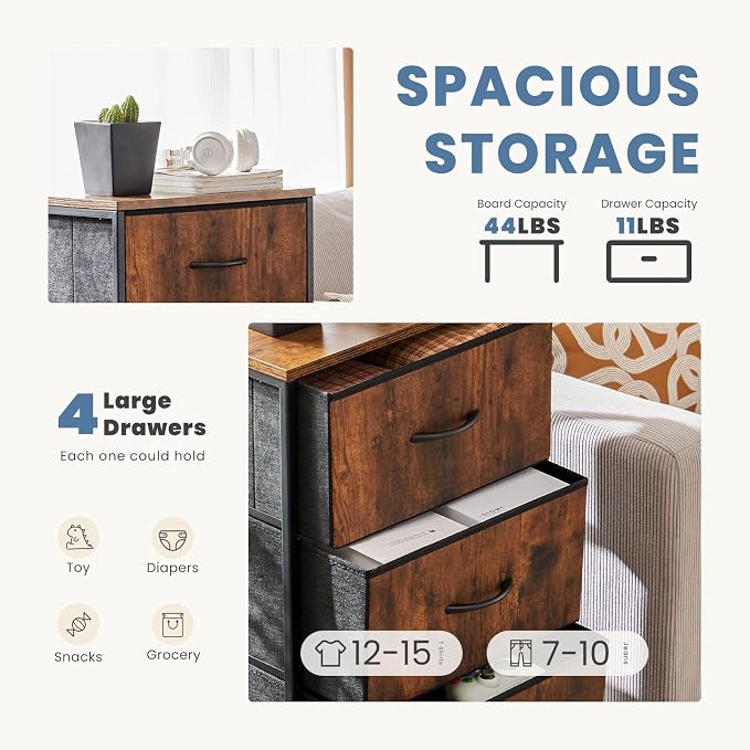 DUMOS Nightstand with 4 Drawers Bedside Table with Removable Fabric Bins Sturdy - Image 4