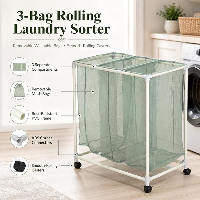 3-Bag Mesh Rolling Laundry Sorter Cart, Soft Silver, Removable Washable Bags - Image 2