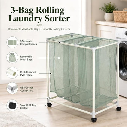 3-Bag Mesh Rolling Laundry Sorter Cart, Soft Silver, Removable Washable Bags - Image 2