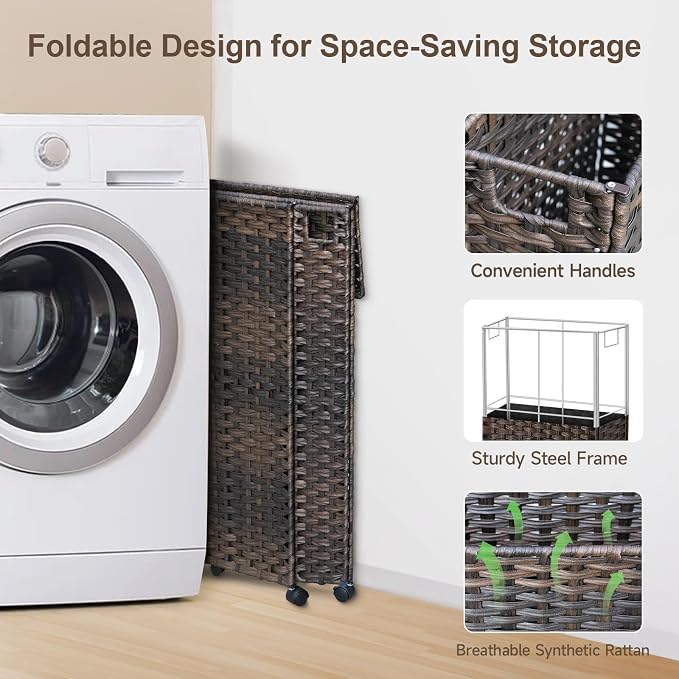 88L Slim Laundry Hamper with Wheels, 23.3 Gallon Rolling Laundry Basket with Lid - Image 7