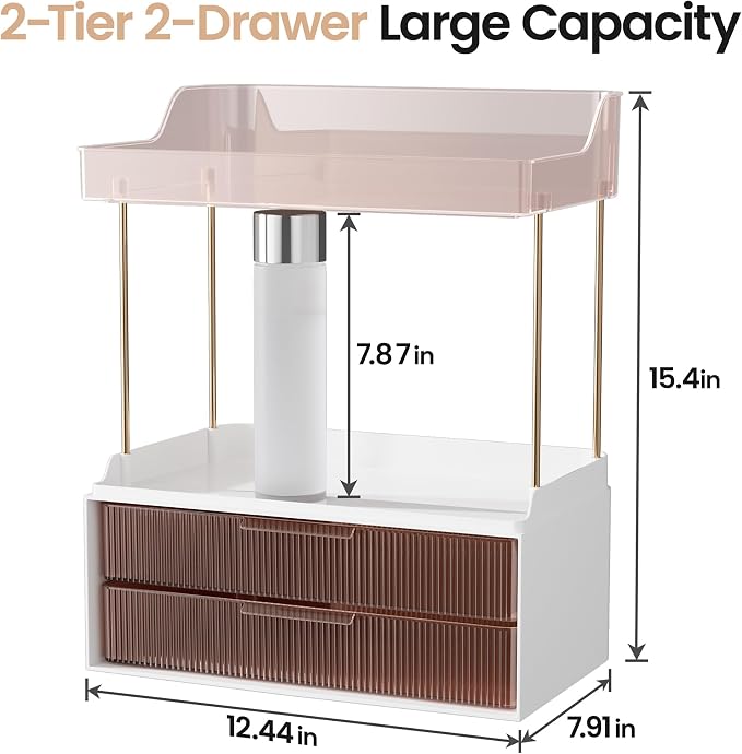 Delamu Bathroom Organizers and Storage, 2 Tier 2 Drawer Makeup Organizer - Image 2