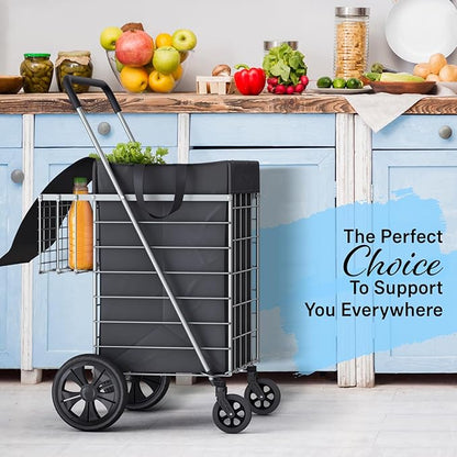 Shopping Cart w/Waterproof Basket Liner & 360° Swivel Wheels | Foldable - Image 6