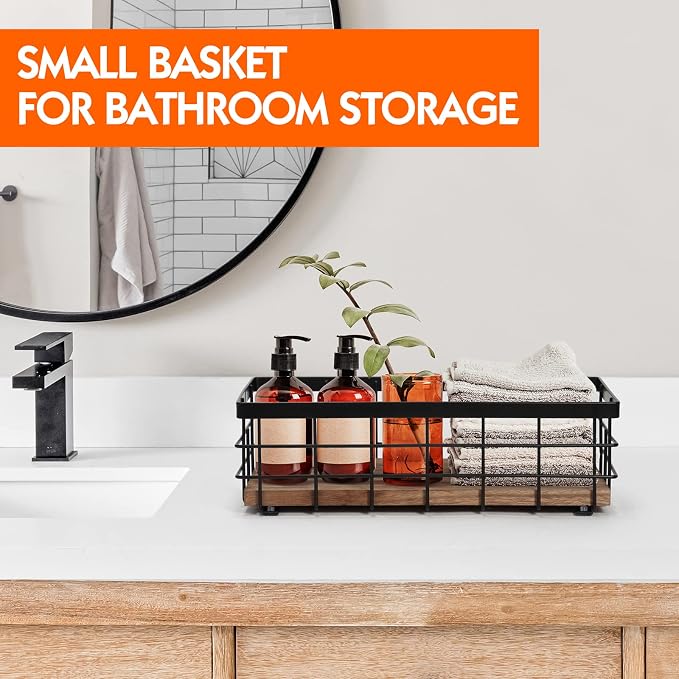 TJ.MOREE Small Metal Wire Basket, Decorative Wood Base Organizer - Image 4