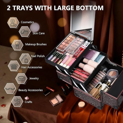 Joligrace Makeup Train Case Cosmetic Box Portable Makeup Case Organizer 2 Trays - Image 4