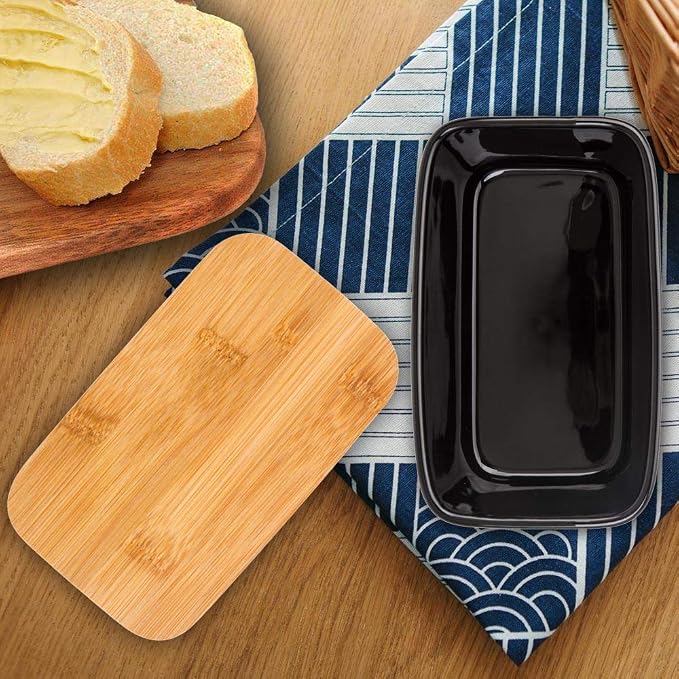 Butter Dish with Lid, Porcelain Keeper with Wood Lid Cover - Image 3