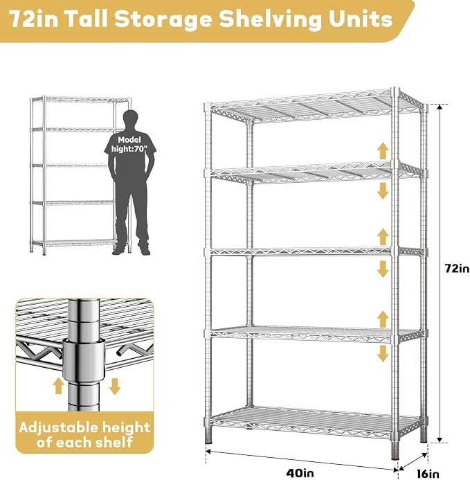 ROOMTEC 5-Tier Heavy Duty Wire Shelving Unit, 2000 lbs Total Capacity - Image 3