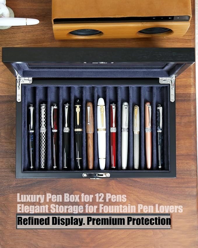 Wooden Pen Display Case – 12 Slot Lockable Fountain Pen Storage Box, Gift - Image 2