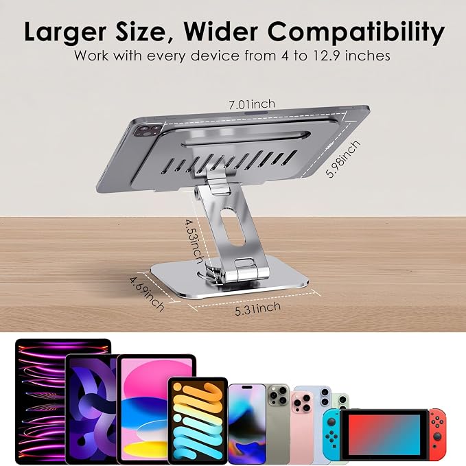Tablet Stand for Desk, 360° Swivel for iPad Holder, Aluminum Adjustable Tablet - Image 7